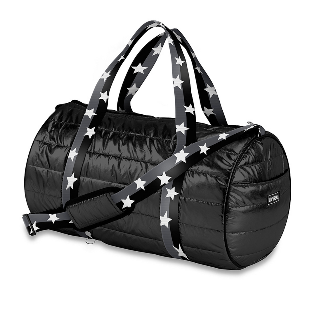 Black duffle with Black and Grey Stripe Stars