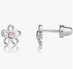 Sterling Silver Kids Screw-Back Outline Daisy Earrings-Pink