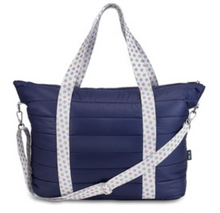 Load image into Gallery viewer, Navy Puffer Tote with Rainbow Star Strap
